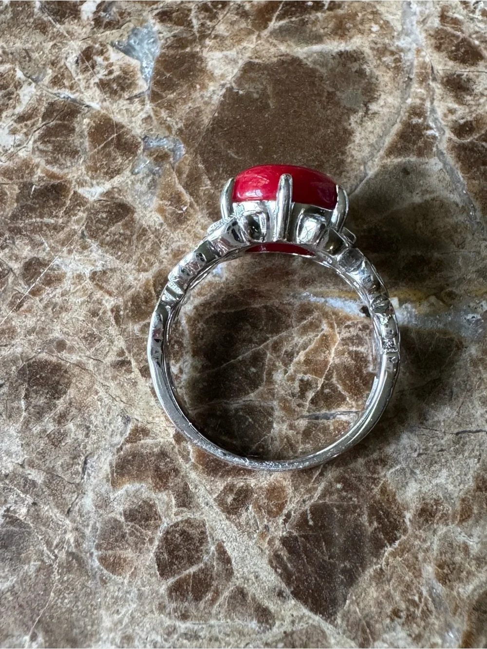 Vintage DK 925 Sterling Silver Red Cabochon Filigree Statement Ring Size 7